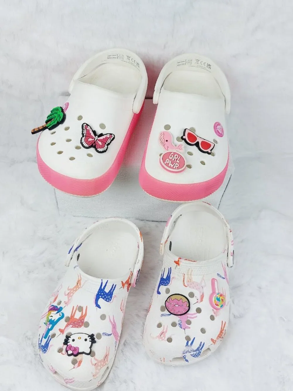Set Of 2 Crocs Girl's White Pink Classic Platform Slip-On Casual Clogs Size 10